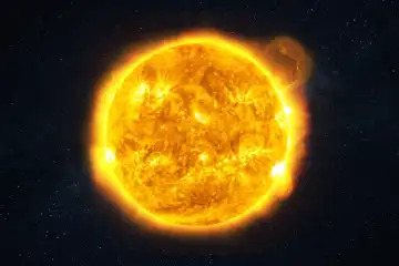 Helle Sonne brennt mit Plasma und Fackeln im Raum. Sonneneruptionsplatz und magnetische Stürme, Konzept