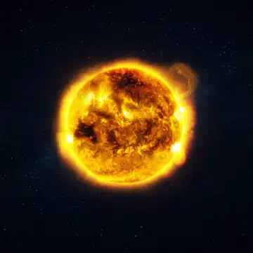Erstaunliche brennende Sonne mit Plasma und Fackeln im Weltraum. Magnetische Stürme und Sonneneruptionen