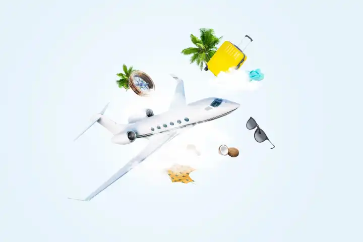 airplane flies in the clouds with luggage bag, compass, glasses, coconut, palm trees, swimsuit and flip-flops on a light background, concept. Travel, creative idea. Main banner for the site