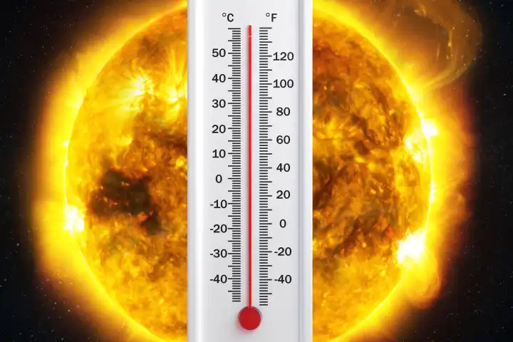 Das Thermometer zeigt eine abnorm heiße Temperatur vor dem Hintergrund des brennenden Planeten Erde, Konzept. Globale Erwärmung, kreative Idee. Klimawandel und Gefahr