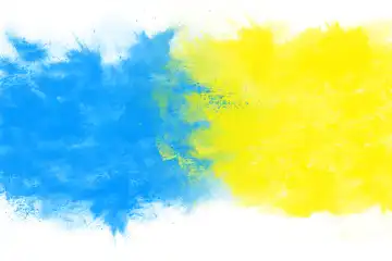 Acrylic dry paint splatter explosion of blue and yellow paint on a white background. Mixing colors. Splashes of paint, creative