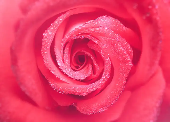 Frische Rosenblüte mit winzigen Wassertropfen des Morgentaus. Makroaufnahme mit selektivem Fokusbereich.