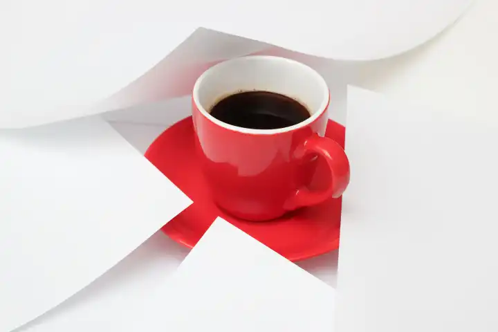 Red cup of coffee in the office papers. Concept of busy and swamped with work.