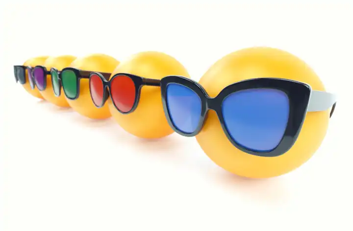 Verschiedene Sonnenbrillen auf gelben Dummy-Kugeln mit bunten Gläsern. Sommermode trendige Accessoires. Selektiver Fokus, 3D-Rendering