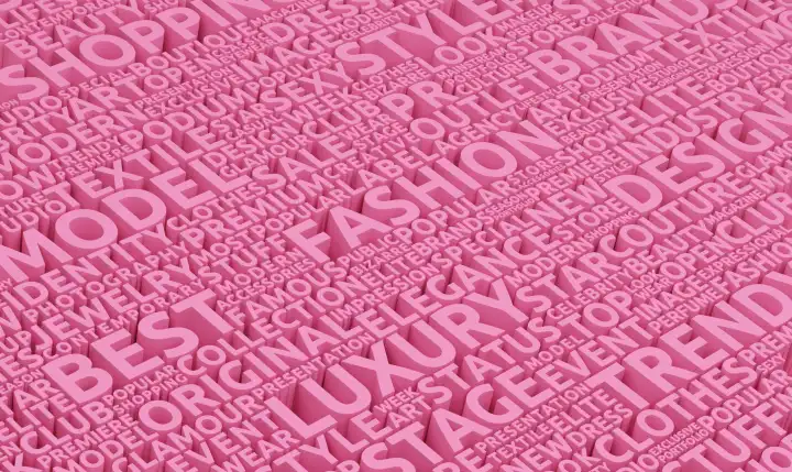 Der 3D-Hintergrund mit Modemotiv-Schriftzug. Collage aus rosa Buchstaben. Textur für Textildruck oder Hintergrund. 3D-Rendering.