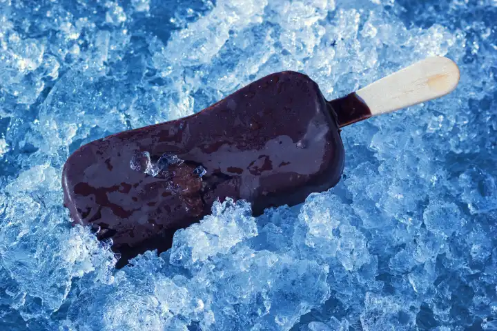 Ein Eis auf Holzstab mit Schokoladenglasur beschichtet. Kaltes Dessert auf natürlichen Eiskristallen.