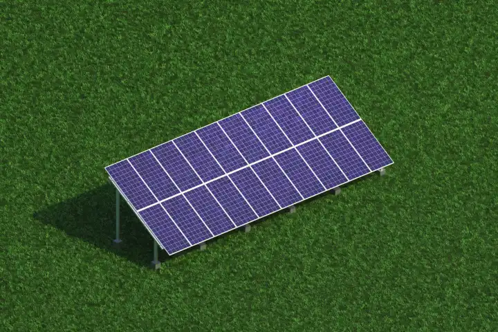 Solar panels for electrical energy production on green grass. Orthographic view, 3d render