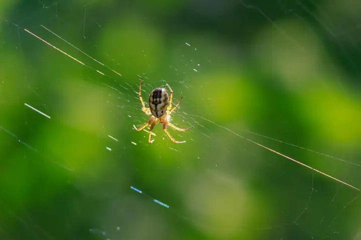 The scary spider is waiting for prey in web. Wildlife macro photography.