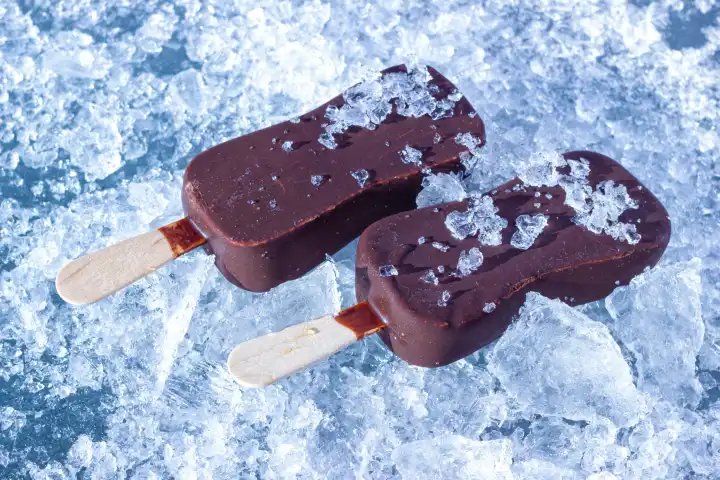 Die schokoladenüberzogenen Eistafeln auf Holzstäbchen auf den gehackten Eiskristallen.