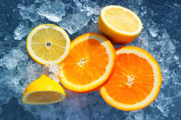 Die in Scheiben geschnittenen Orangen und Zitronen auf dem Natureis. Frische und lebendige Früchte mit Vitaminen für eine gesunde Ernährung.