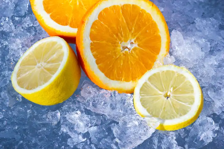 Die geschnittene Orange und Zitrone auf gehacktem Eis Hintergrund. Frische und natürliche saftige Früchte auf den gefrorenen Eiskristallen. Erfrischungsnahrung mit Vitaminen.