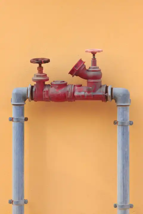 The outdoor water hydrant. Red pipe with valve equipment.