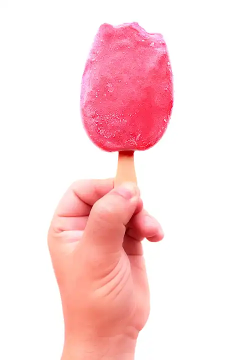 Adult men hand takes a red or pink ice cream bitten ice lolly on wooden stick.