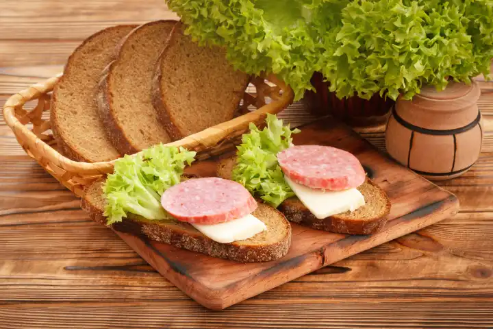 Homemade fast food sandwiches with smoked sausage, cheese and lettuce salad.