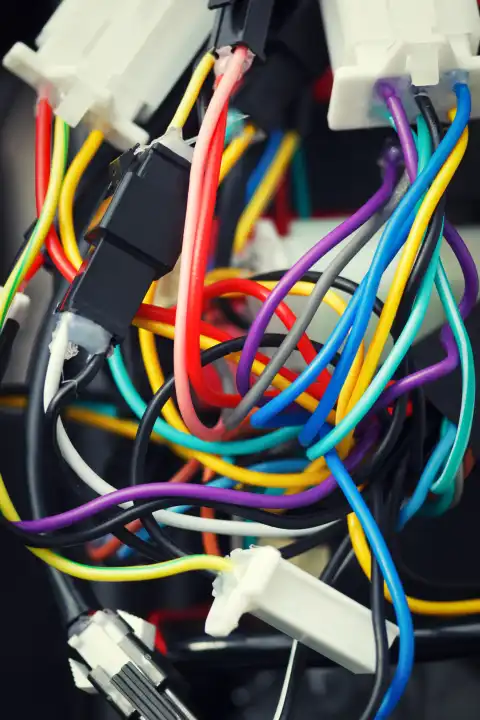 Das Durcheinander von verschiedenen verwickelten Drähten und Steckern. Bunte Kabel von elektronischen Geräten mit schlechter Montage.