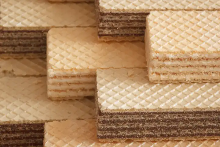 Crispy sweet wafers in stack. The chocolate and vanilla flavors. Closeup view from side.