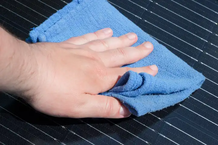 Hand mit einem Handtuch reinigt die Oberfläche des Solarpanels. Entfernen Sie den Staub von elektrischen Photovoltaik-Panels für eine bessere Effizienz.