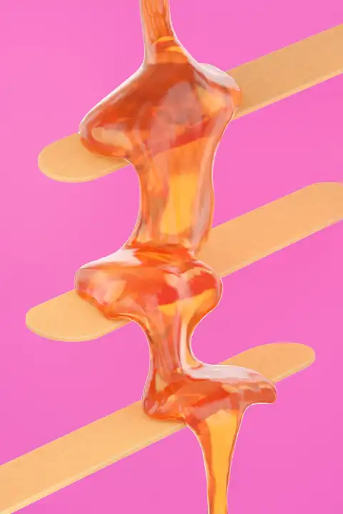 Sugaring paste flows on wooden sticks for hair removal procedure. Cosmetic spatula with liquid sugar syrup on pink background. 3d render
