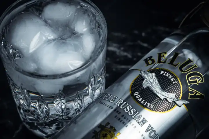 Russian Beluga Export Vodka, a bottle of vodka from Russia, Made in Siberia with a glass of ice cube