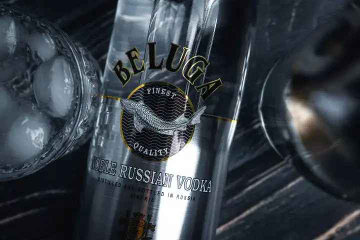 Russian Beluga Export Vodka, a bottle of vodka from Russia, Made in Siberia with a glass of ice cube