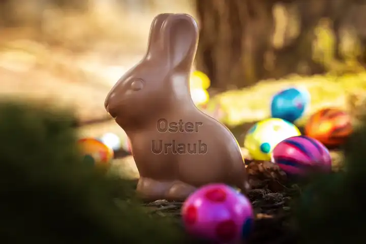 Frohe Ostern, schokoladen Hase Osterhase sitzt im Wald mit buten Ostereier und der Aufschrift Oster Urlaub - Ferien FOTOMONTAGE
