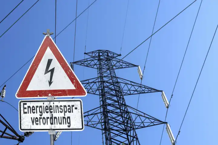 Energie und Strom Konzept, Schild mit der Aufschrift: Energieeinsparverordnung, Verordnung um Energie zu Sparen. Energie Einspar Verordnung FOTOMONTAGE