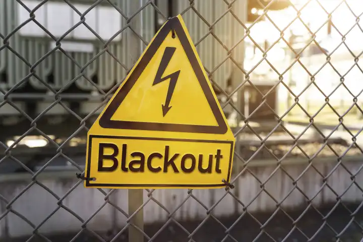 Schild an einem Zaun mit der Aufschrift: Blackout. Großflächiger Stromausfall FOTOMONTAGE