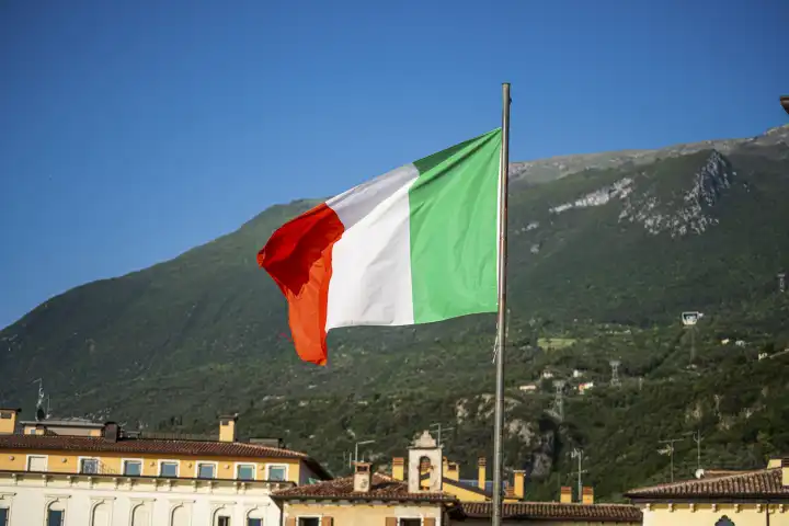 Lake Garda, Italy - 12 May 2022: Flag of Italy on a flagpole. Italy country flag