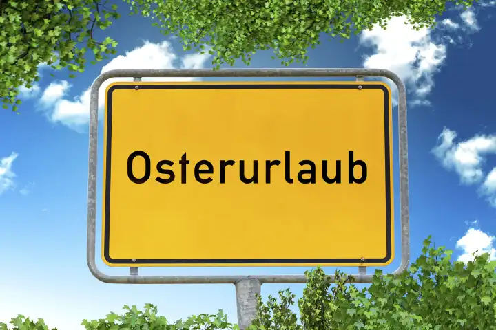 Verkehrsschild vor blauem Himmel mit der Aufschrift: Osterurlaub FOTOMONTAGE