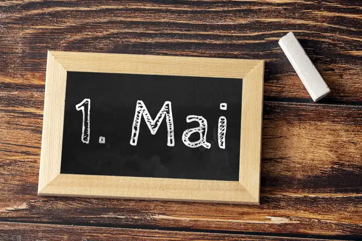 Eine Kreidetafel mit dem Datum 1 Mai, Maifeiertag, Tag der Arbeit auf einem Holztisch FOTOMONTAGE