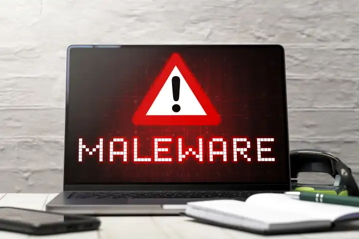 08 July 2023: Warning about maleware on the Internet on a laptop in an office PHOTOMONTAGE