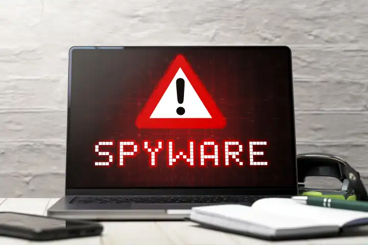08 July 2023: Warning about spyware on the Internet on a laptop in an office PHOTOMONTAGE