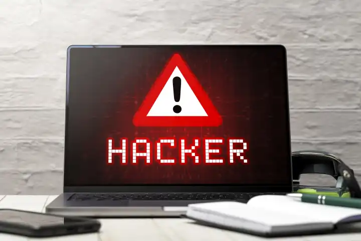 08 July 2023: Warning of a computer hacker on a laptop in an office PHOTOMONTAGE