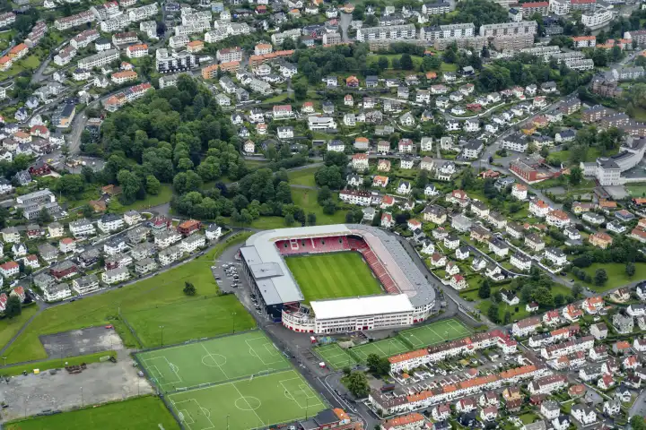 Bergen, Norway - 11 July 2023: Aerial view from a helicopter Brann Stadium city of Bergen in Norway