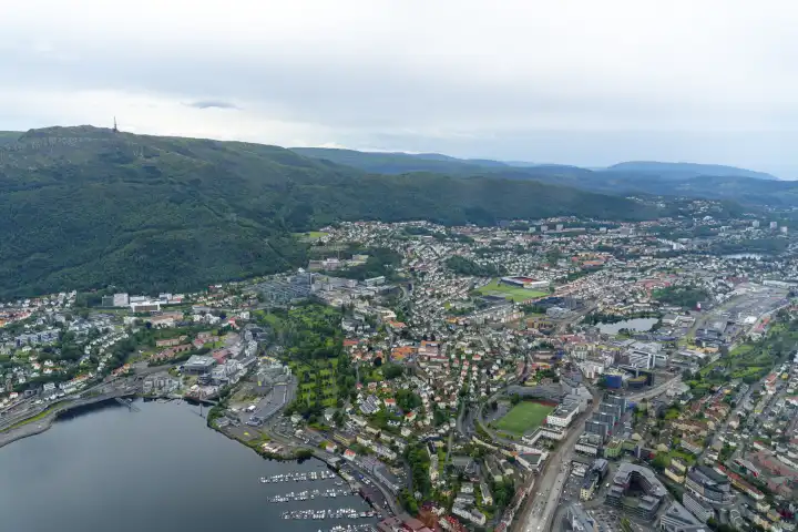 Bergen, Norway - 11 July 2023: Aerial view from a helicopter of the city of Bergen, Norway