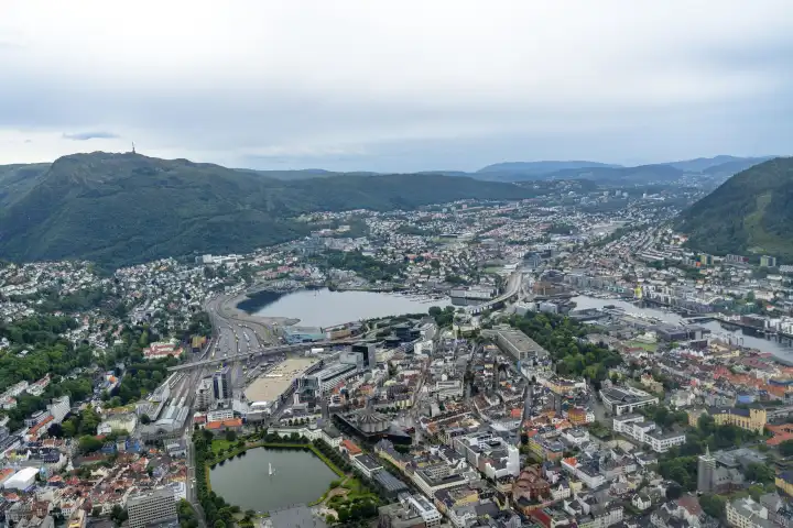Bergen, Norway - 11 July 2023: Aerial view from a helicopter of the city of Bergen, Norway