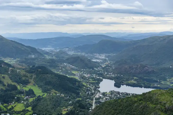 Bergen, Norway - 11 July 2023: Aerial view of a malar landscape from a fjord near the city of Bergen in Norway. Fjords in Norway