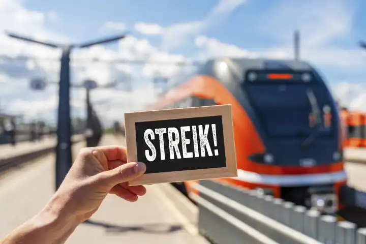 Hand hält auf einem Bahnhof vor einem Zug ein Schild mit der Aufschrift: Streik! Symbolbild Bahnstreik und Streik im öffentlichen Nahverkehr FOTOMONTAGE