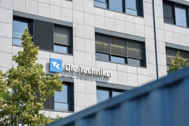 Kiel, Schleswig-Holstein, Germany - 9 July 2023: The logo of the health insurance company Die Techniker on a building. The Techniker health insurance