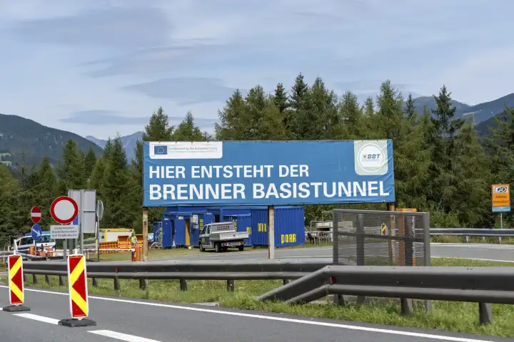 Brenner, highway, Austria - 8 August 2023: Sign at a construction site on the Brenner freeway in Austria: The Brenner Base Tunnel is being built here