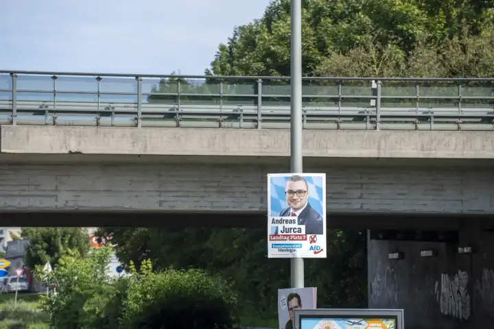 Augsburg, Bavaria, Germany - 14 August 2023: Election poster for the state election in Bavaria from the party AfD Alternative für Deutschland. On the poster is party member and candidate for election Andreas Jurca from Augsburg