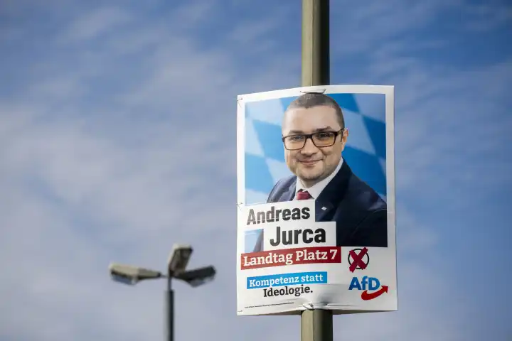 Augsburg, Bavaria, Germany - 14 August 2023: Election poster for the state election in Bavaria from the party AfD Alternative für Deutschland. On the poster is party member and candidate for election Andreas Jurca from Augsburg