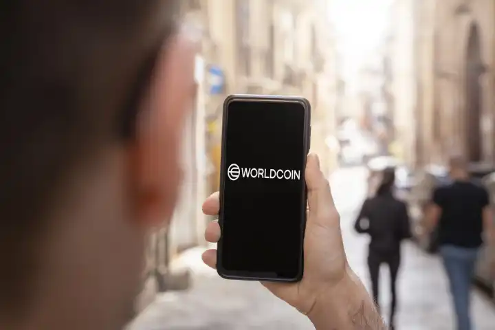 15 August 2023: Man holding smartphone with Worldcoin logo on screen. Symbol image new cryptocurrency Worldcoin. Worldcoin requires a World ID with iris eye scan PHOTOMONTAGE