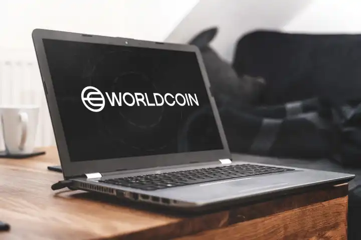15 August 2023: Laptop computer with Worldcoin logo on the screen. Symbol image new cryptocurrency Worldcoin. Worldcoin requires a World ID with iris eye scan PHOTOMONTAGE