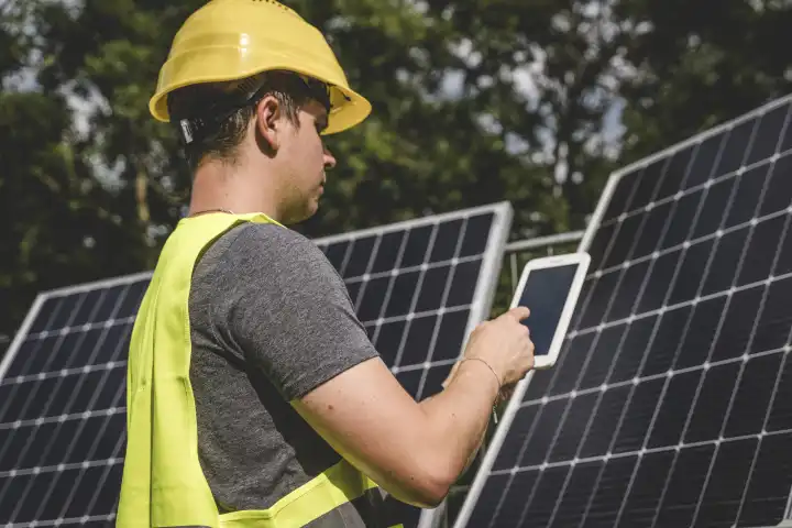 Ein Elektriker testet eine Solaranlage oder Balkonkraftwerk mit einem Tablet. Ingenieur bei der installation von einer Photovoltaik Anlage