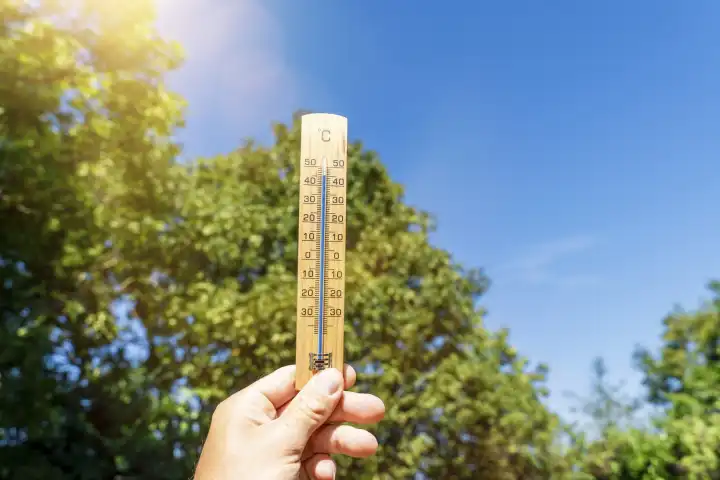 Hand hält Thermometer aus Holz vor blauem Himmel mit der Temperatur 45 Grad Celsius. Person beim Messen der Temperatur, Symbolbild Hitzewelle