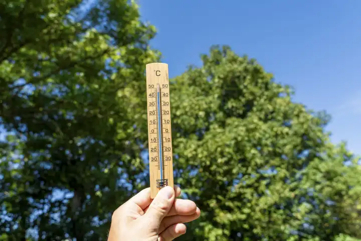 Hand hält Thermometer aus Holz vor blauem Himmel mit der Temperatur 45 Grad Celsius. Person beim Messen der Temperatur, Symbolbild Hitzewelle
