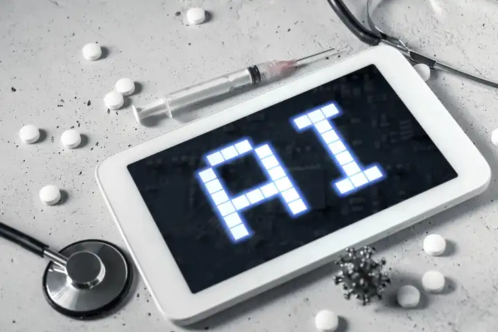 Bavaria, Germany - 19 August 2023: Computer tablet with syringe, stethoscope and medicine. Artificial intelligence in the medical field concept. Tablet with inscription AI Artificial intelligence on the screen PHOTOMONTAGE
