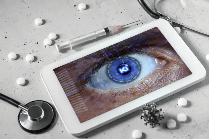 Computer Tablet mit Spritze, Stethoskop und Medizin. Künstliche Intelligenz im medizinischen Bereich Konzept. Tablet mit menschlichem Auge mit aufschrift KI auf dem Bildschirm FOTOMONTAGE
