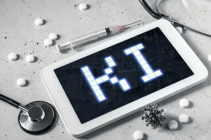 Bavaria, Germany - 19 August 2023: Computer tablet with syringe, stethoscope and medicine. Artificial intelligence in the medical field concept. Tablet with AI on the screen PHOTOMONTAGE